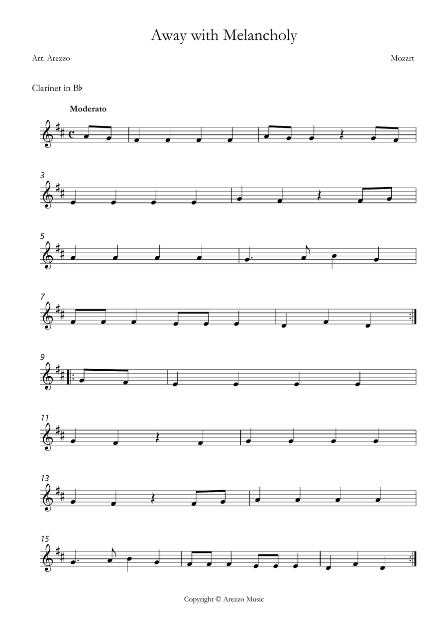 Mozart away with melancholy easy Clarinet and Bassoon sheet music Woodwind Duet scores gallery preview page 2