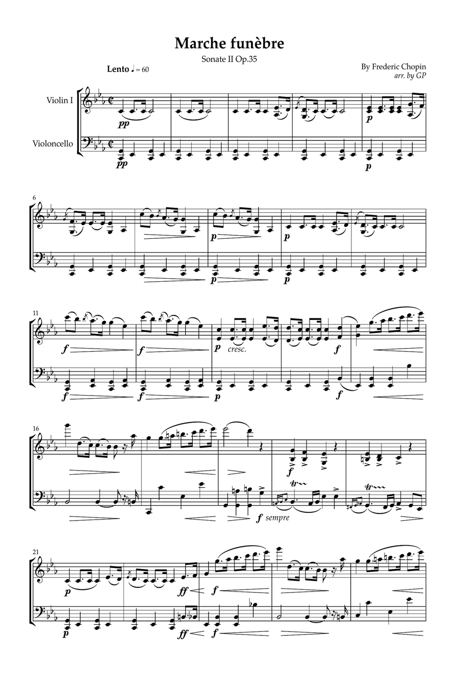 Frederic Chopin – Funeral March, Arranged for Violin and Cello String Duet scores gallery preview page 6