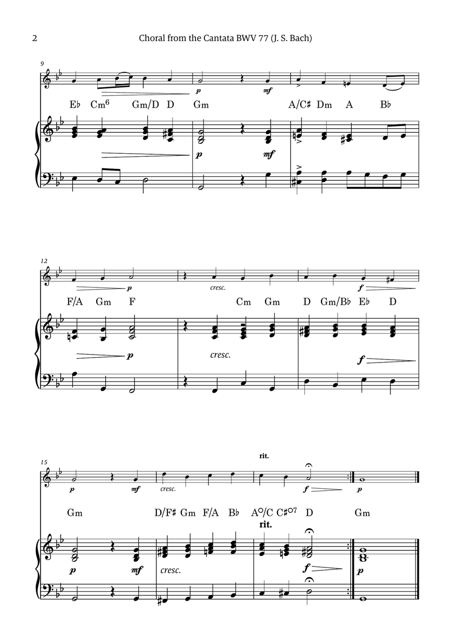 Choral from the Cantata BWV 77 (Solo Piccolo Flute with Simple Piano Accompaniment) Choir scores gallery preview page 2