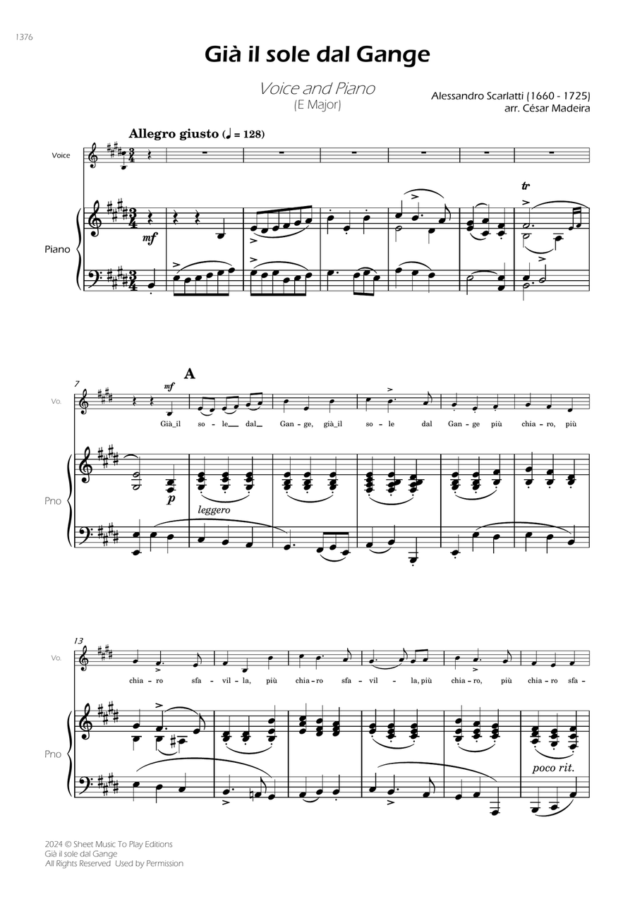 Scarlatti - Già il sole dal Gange - Voice and Piano - E Major Piano, Vocal scores gallery preview page 3