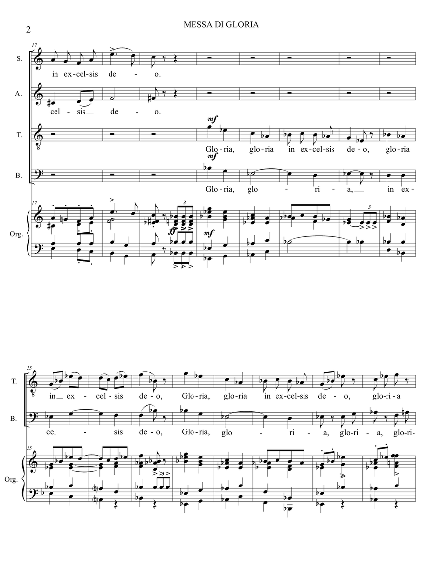 MESSA DI GLORIA, 2. GLORIA. G. Puccini. Arr. for Tenor Solo, SATB Choir and Orgn 4-Part scores gallery preview page 2