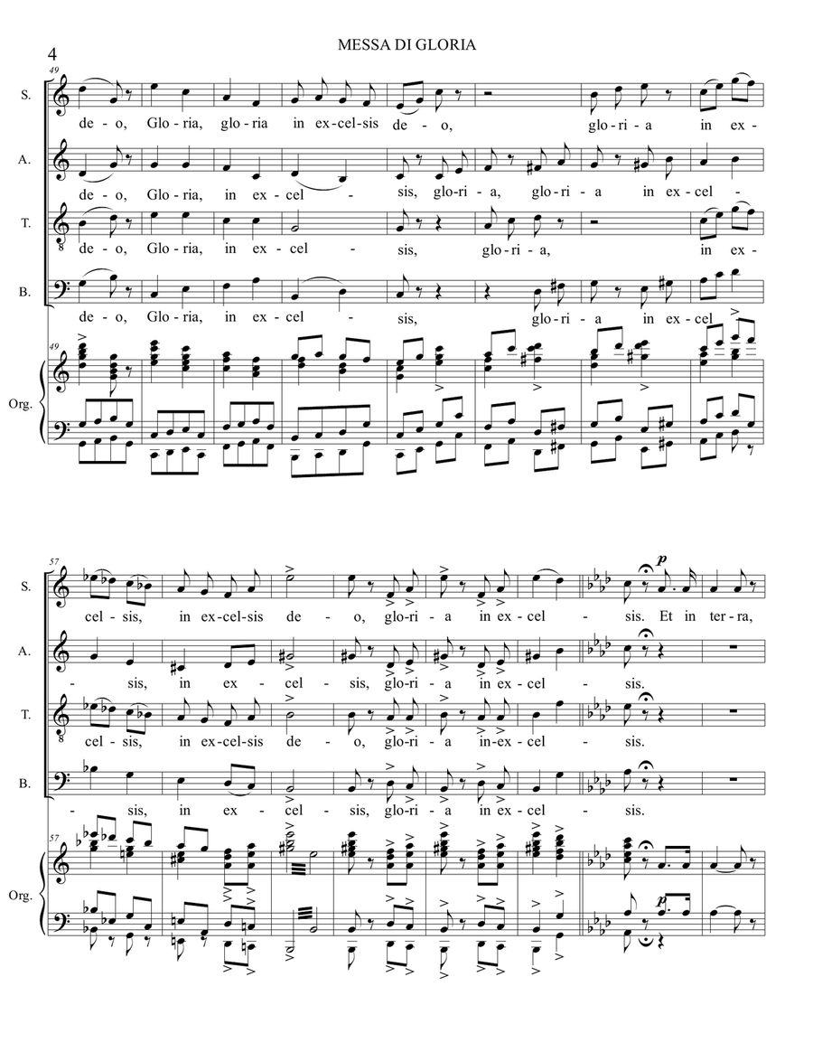 MESSA DI GLORIA, 2. GLORIA. G. Puccini. Arr. for Tenor Solo, SATB Choir and Orgn 4-Part scores gallery preview page 4