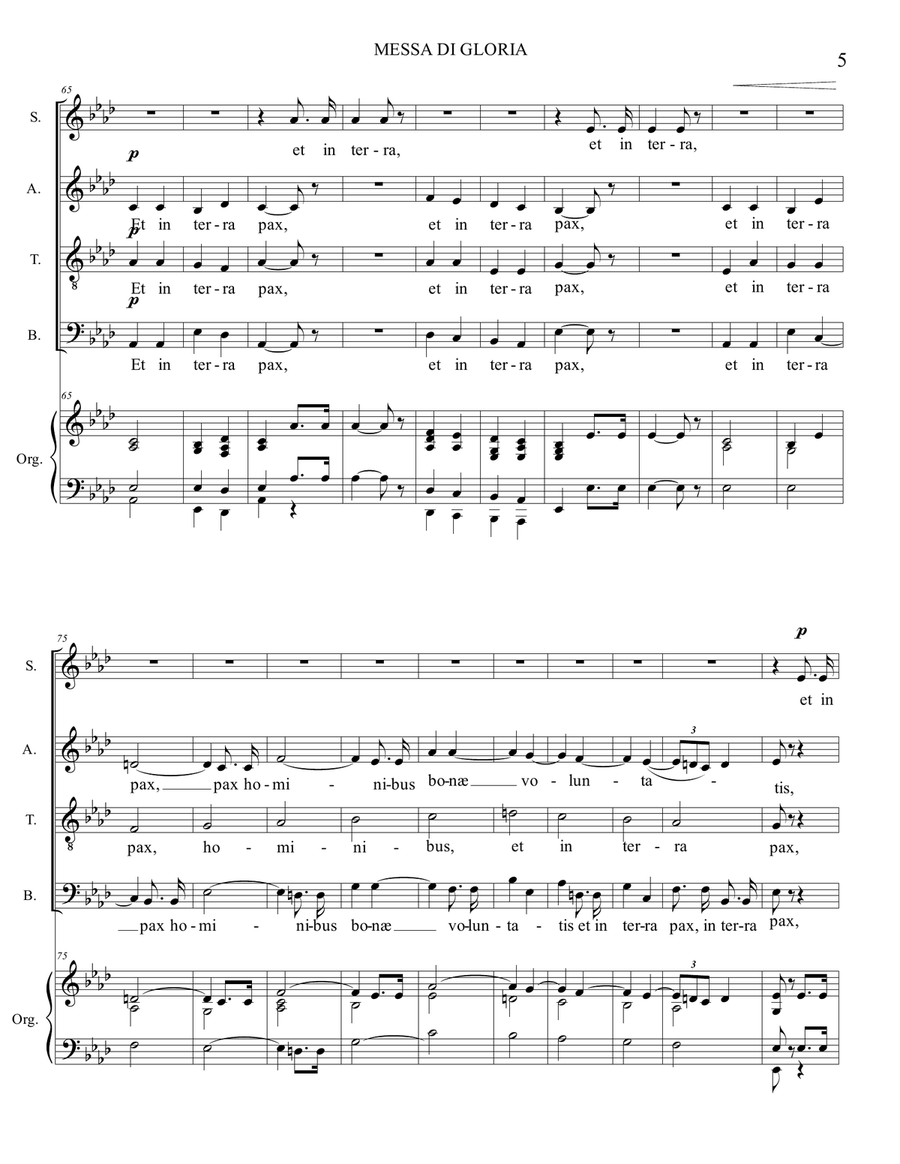 MESSA DI GLORIA, 2. GLORIA. G. Puccini. Arr. for Tenor Solo, SATB Choir and Orgn 4-Part scores gallery preview page 5