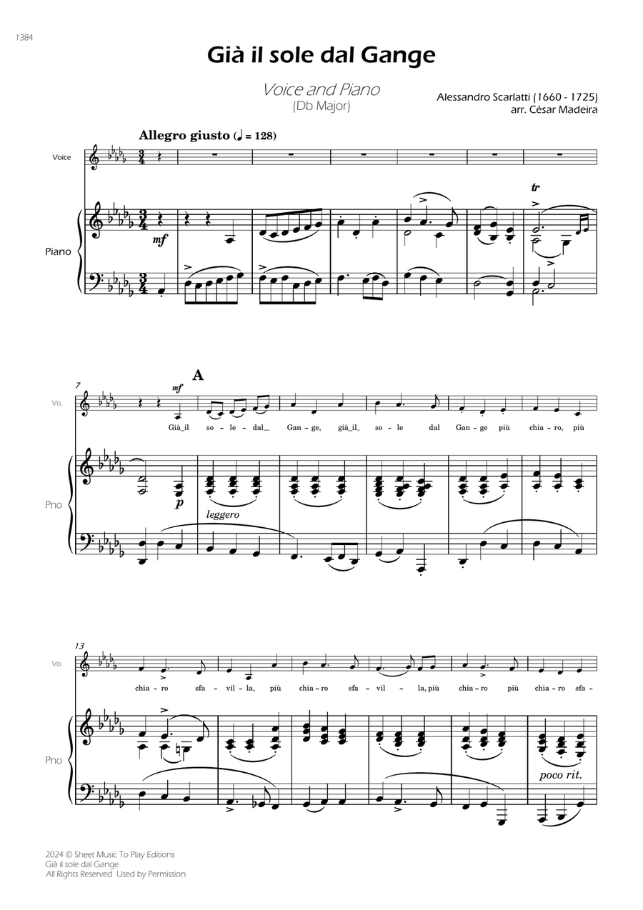 Scarlatti - Già il sole dal Gange - Voice and Piano - Db Major Piano, Vocal scores gallery preview page 3