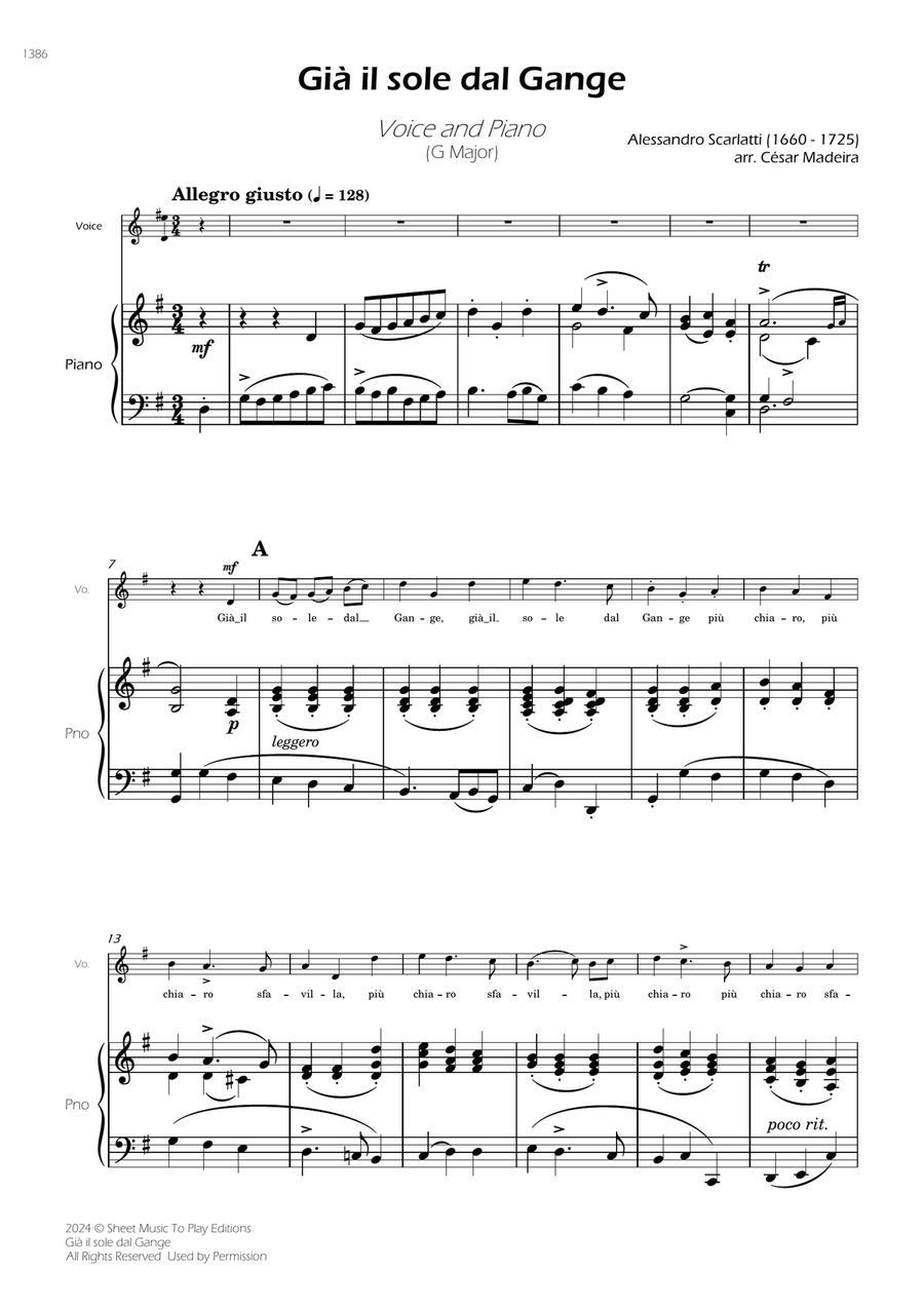 Scarlatti - Già il sole dal Gange - Voice and Piano - G Major Piano, Vocal scores gallery preview page 3