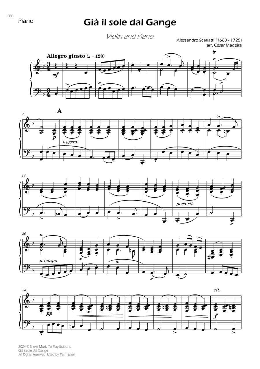 Scarlatti - Già il sole dal Gange - Violin and Piano (Individual Parts) Violin Solo scores gallery preview page 3