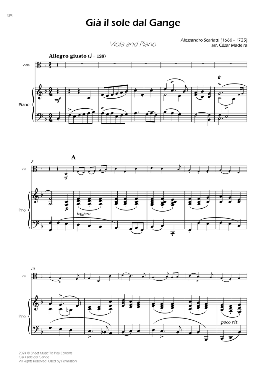 Scarlatti - Già il sole dal Gange - Viola and Piano (Full Score and Parts) Piano scores gallery preview page 3