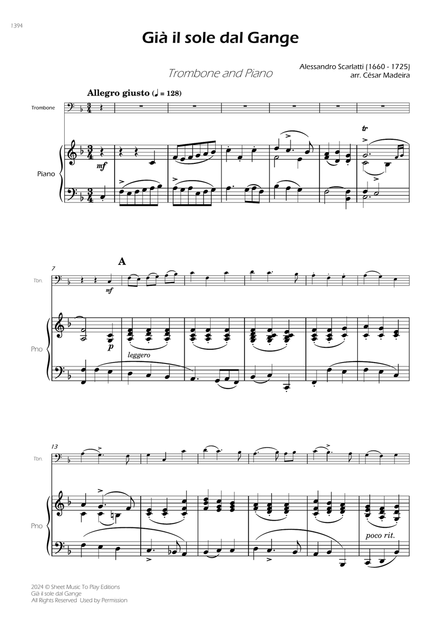 Scarlatti - Già il sole dal Gange - Trombone and Piano (Full Score and Parts) Piano scores gallery preview page 3