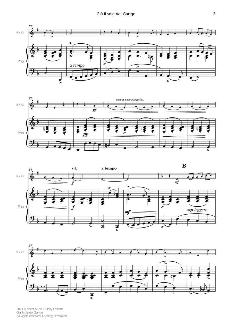 Scarlatti - Già il sole dal Gange - Bb Clarinet and Piano (Full Score) B-Flat Clarinet scores gallery preview page 2