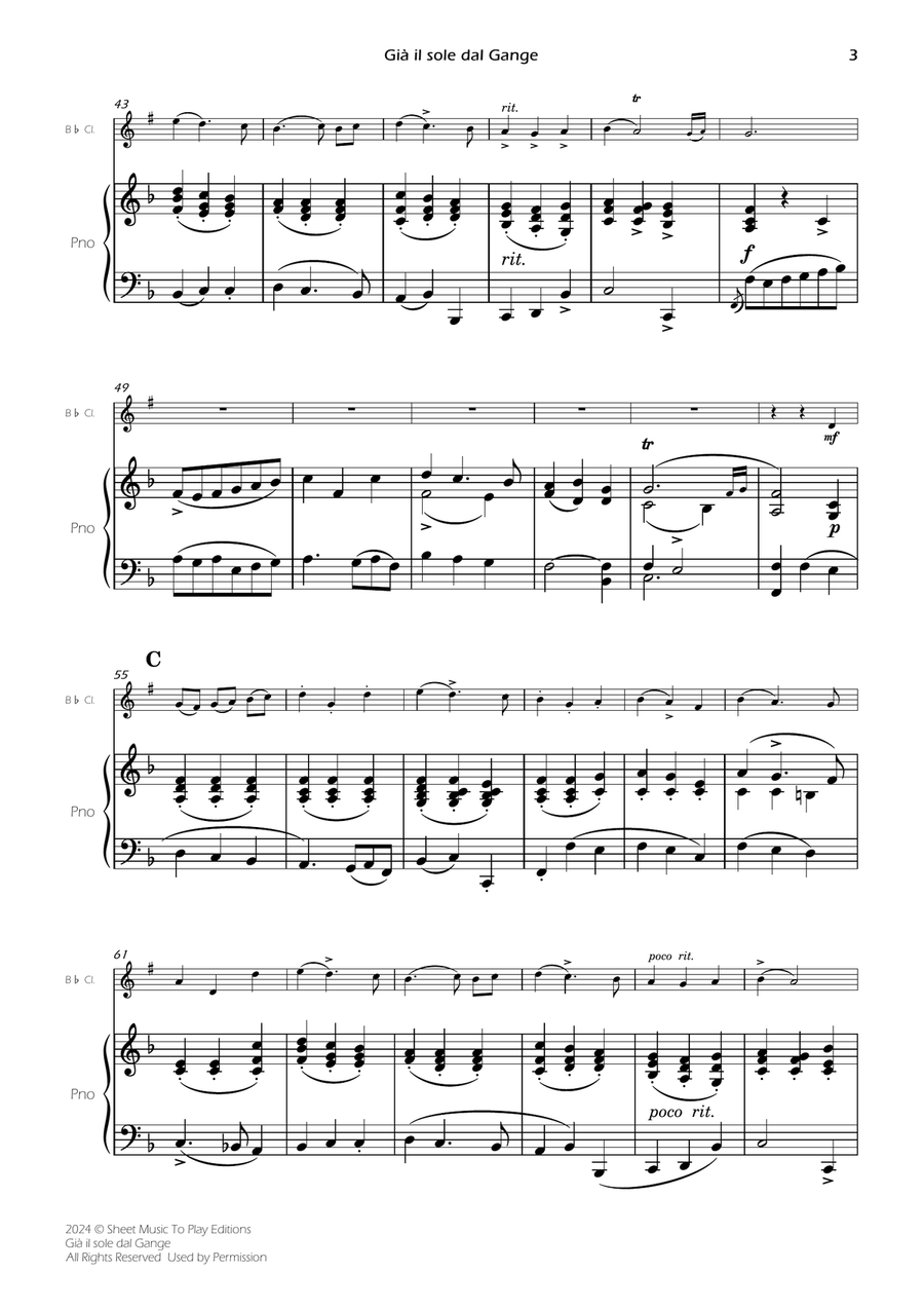 Scarlatti - Già il sole dal Gange - Bb Clarinet and Piano (Full Score) B-Flat Clarinet scores gallery preview page 3