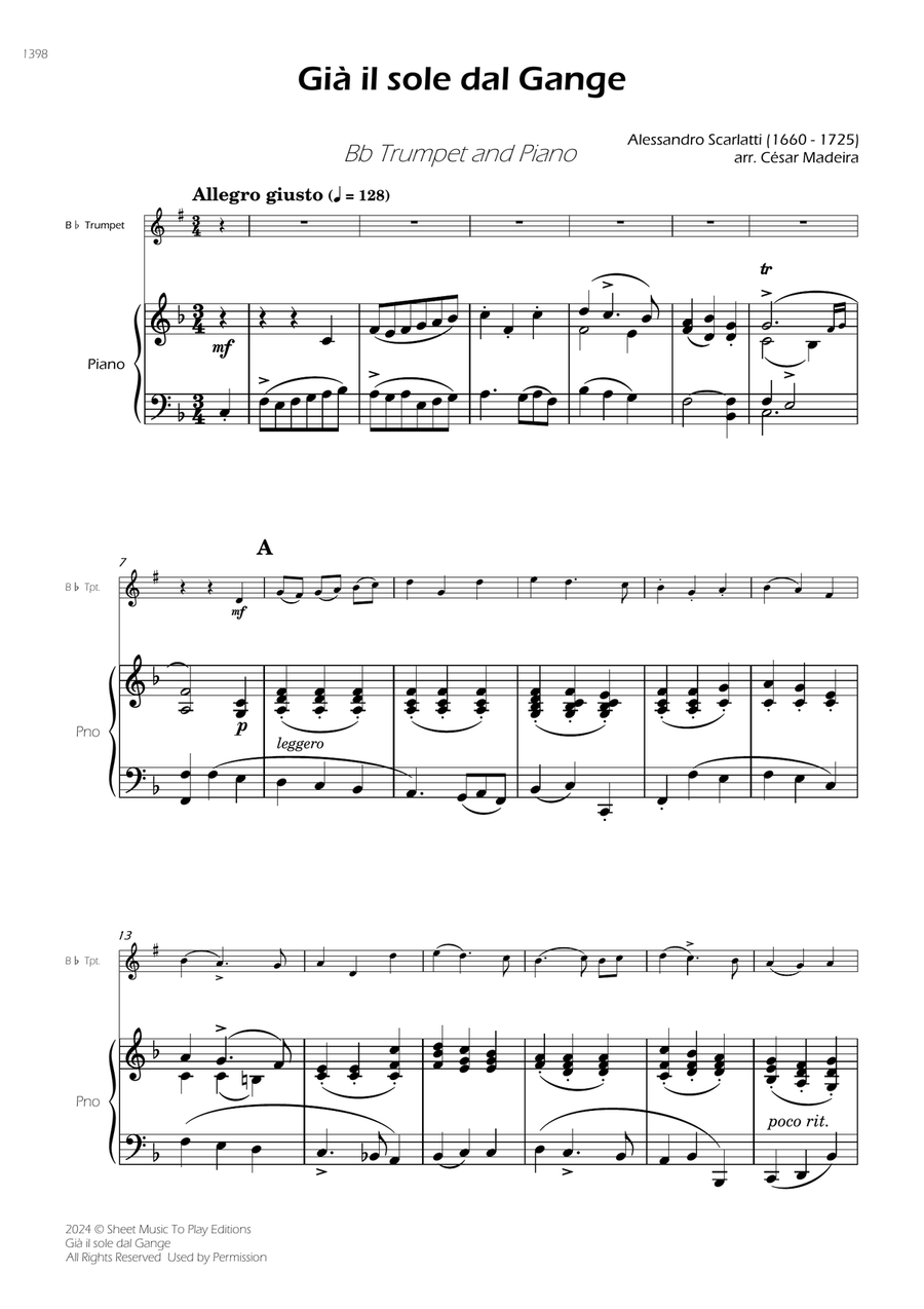 Scarlatti - Già il sole dal Gange - Bb Trumpet and Piano (Full Score and Parts) B-Flat Trumpet scores gallery preview page 3