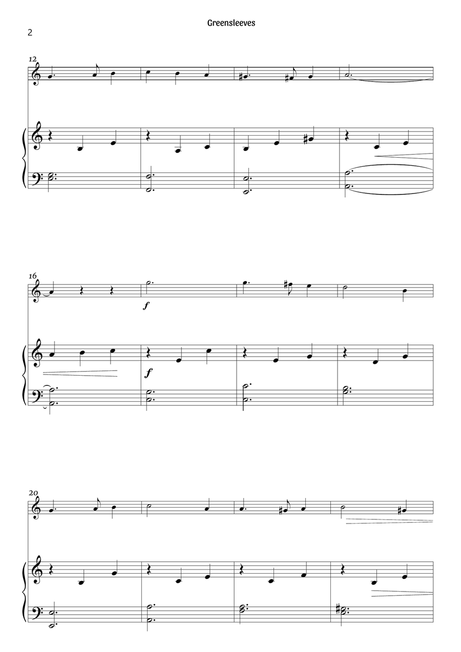 Greensleeves (flute and piano – clean sheet music) Flute scores gallery preview page 2
