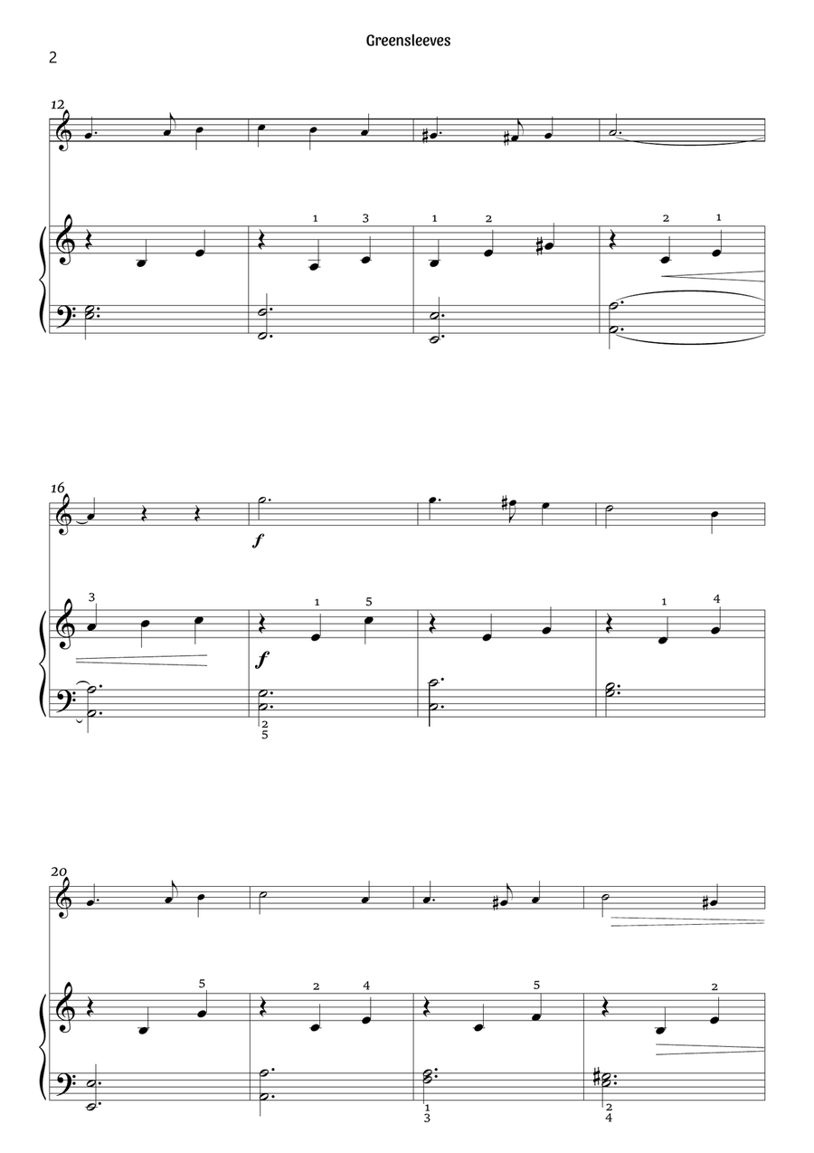 Greensleeves (flute and piano – clean with fingering) Flute scores gallery preview page 2
