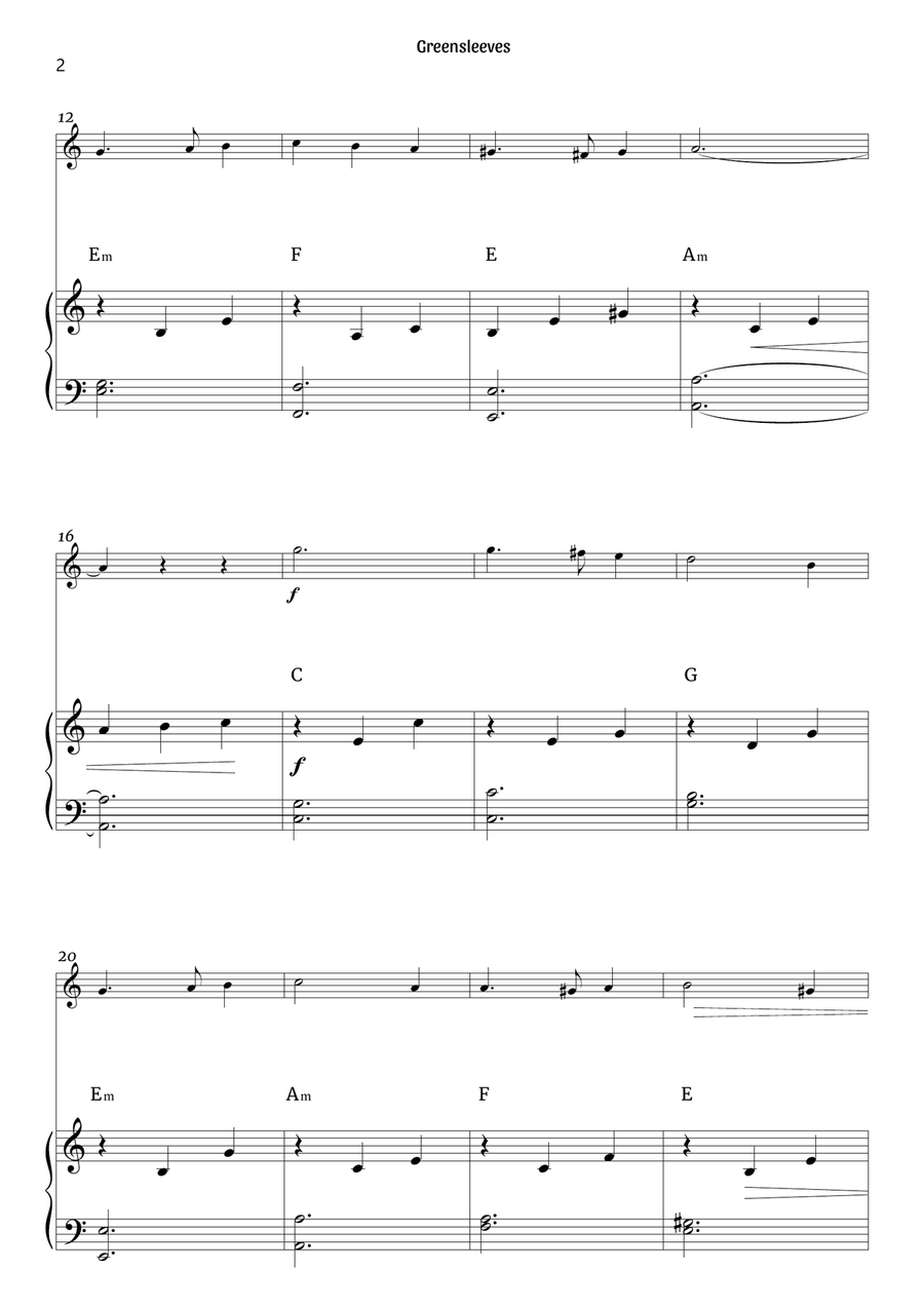 Greensleeves (flute and piano – clean with chords) Flute scores gallery preview page 2