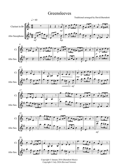 Greensleeves for Clarinet and Alto Saxophone Duet