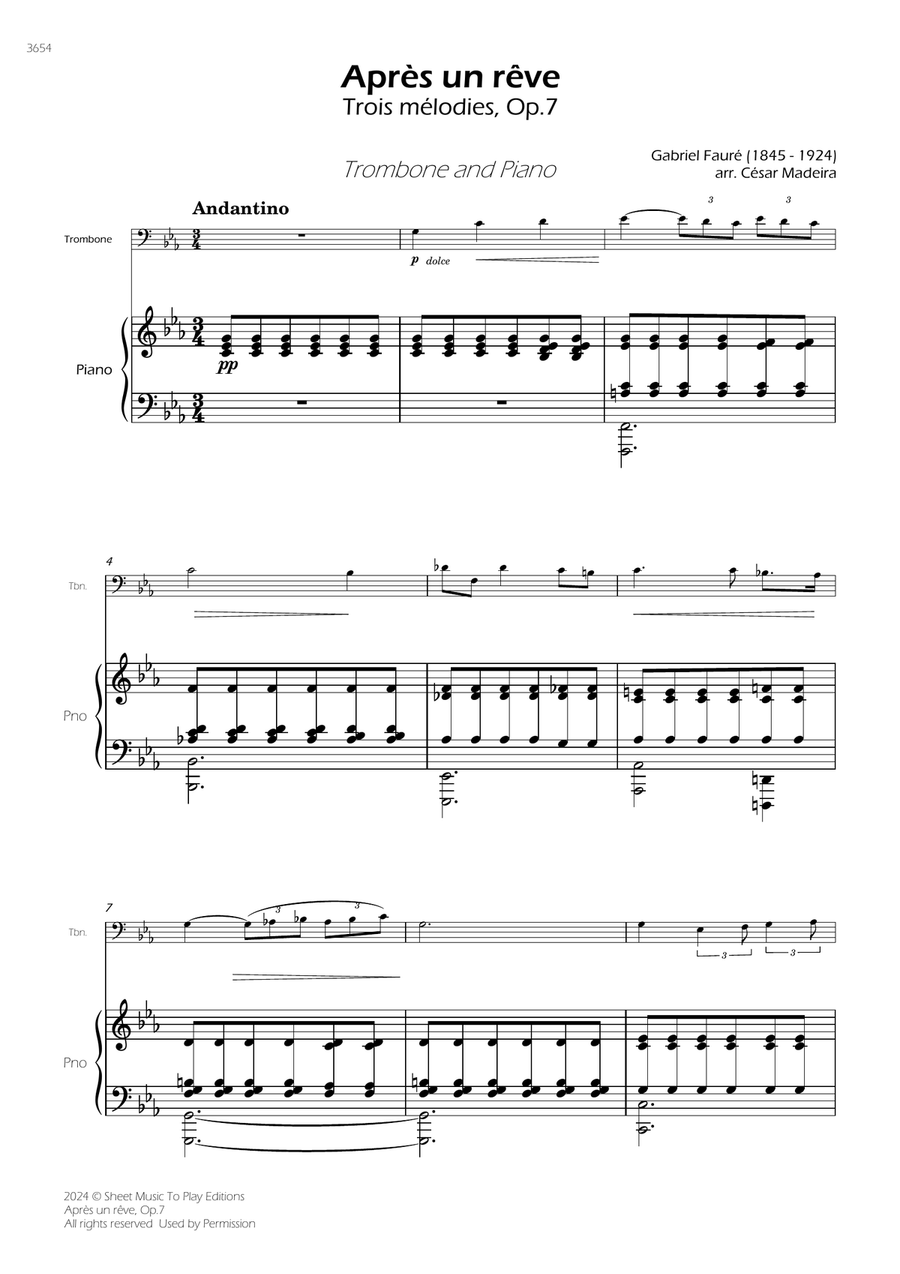 Après un rêve, Op.7 - Trombone and Piano (Full Score and Parts) Piano scores gallery preview page 3