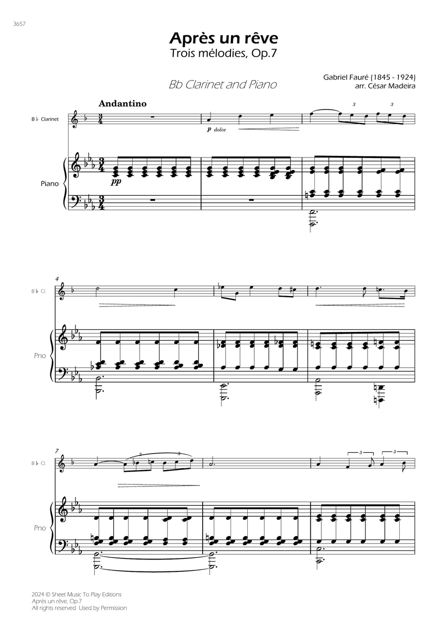 Après un rêve, Op.7 - Bb Clarinet and Piano (Full Score and Parts) B-Flat Clarinet scores gallery preview page 3