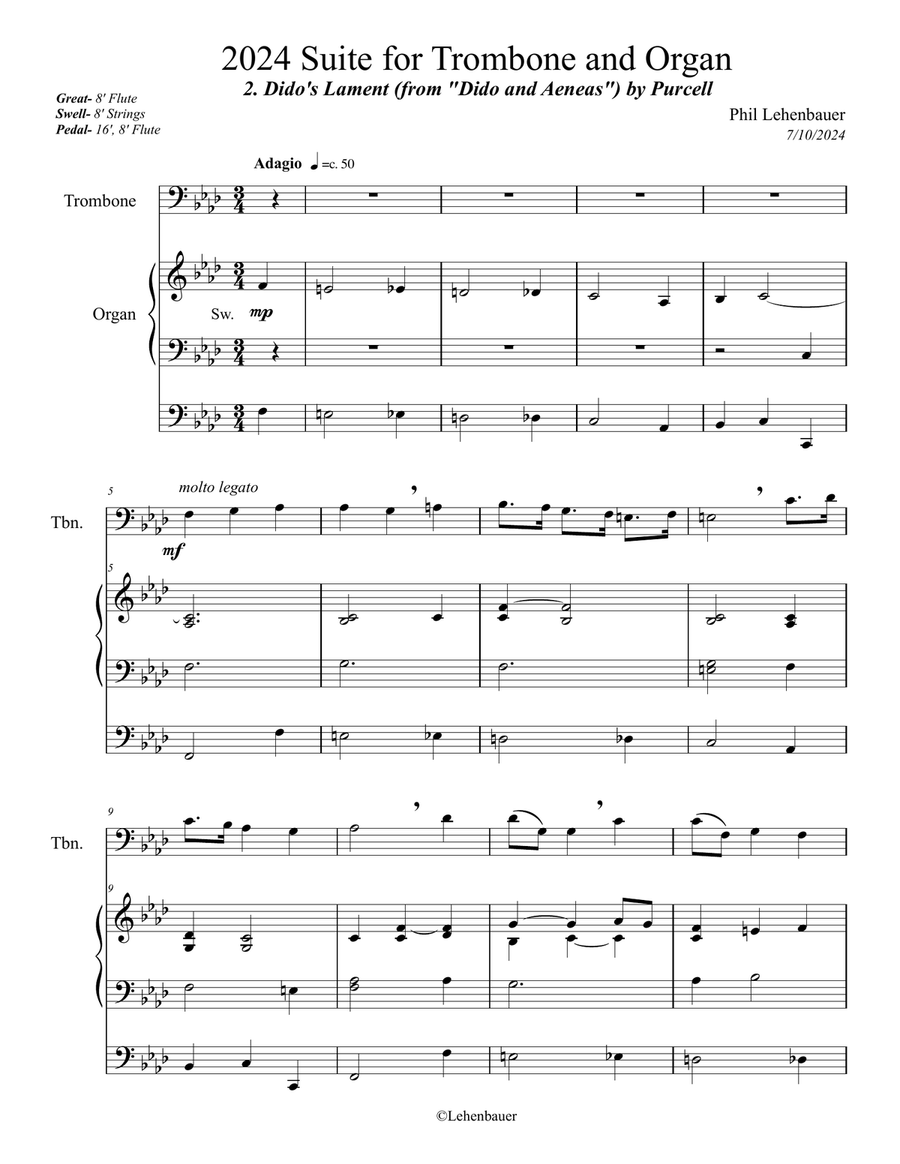 2024 Suite for Trombone and Organ, 2. Dido's Lament (Purcell), work by Phil Lehenbauer Trombone scores gallery preview page 2