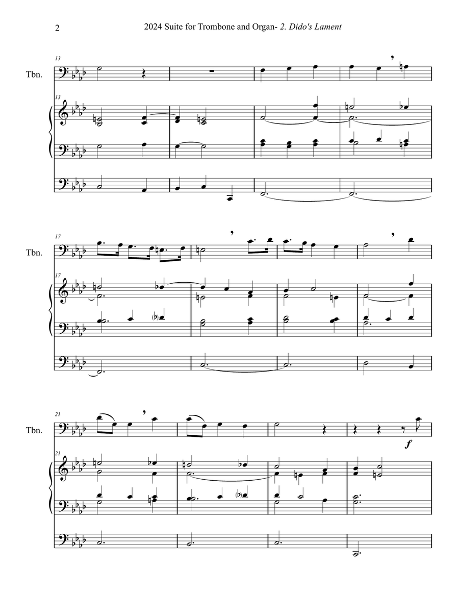 2024 Suite for Trombone and Organ, 2. Dido's Lament (Purcell), work by Phil Lehenbauer Trombone scores gallery preview page 3