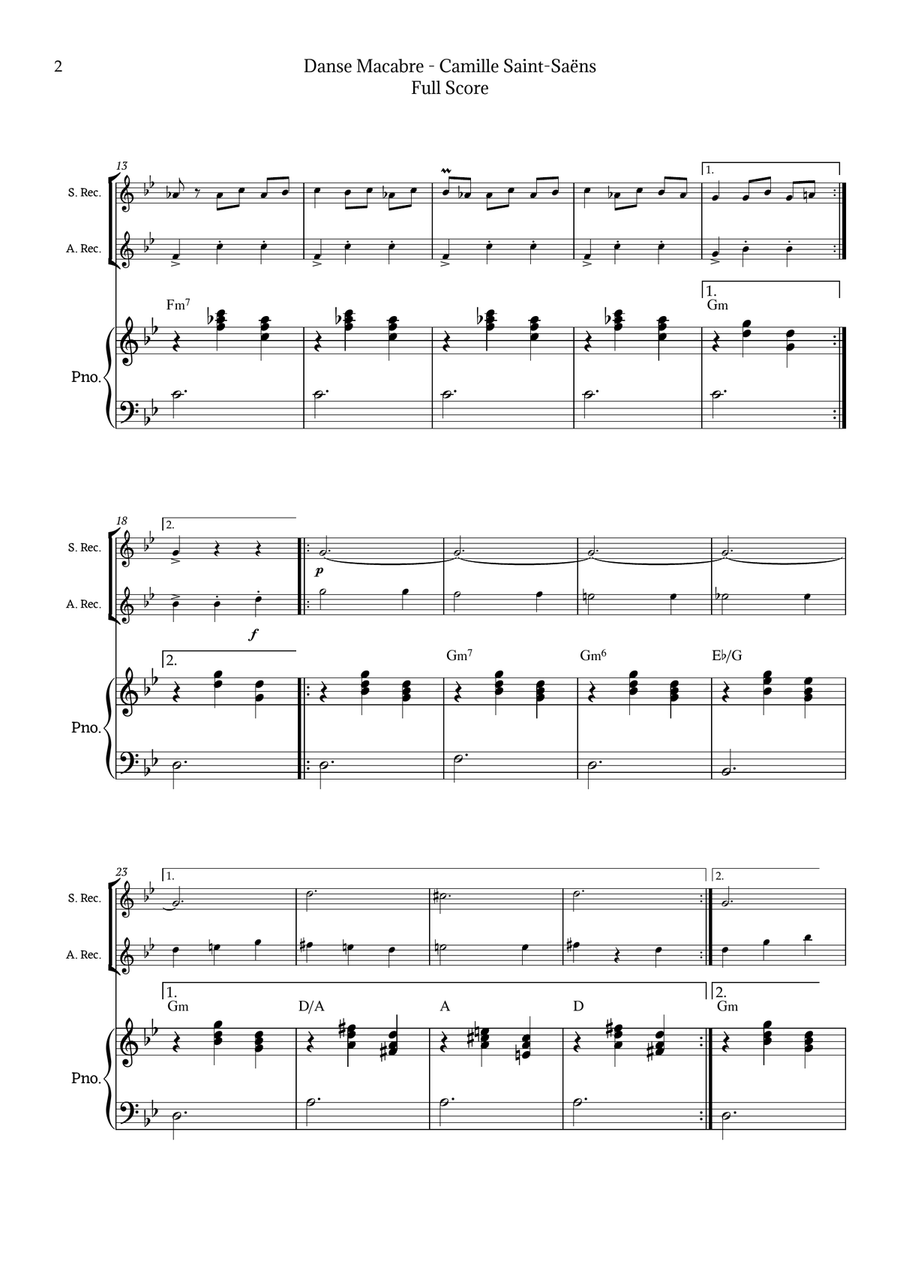 Danse Macabre by Saint-Saëns for Recorder Duet and Piano Woodwind Duet scores gallery preview page 2