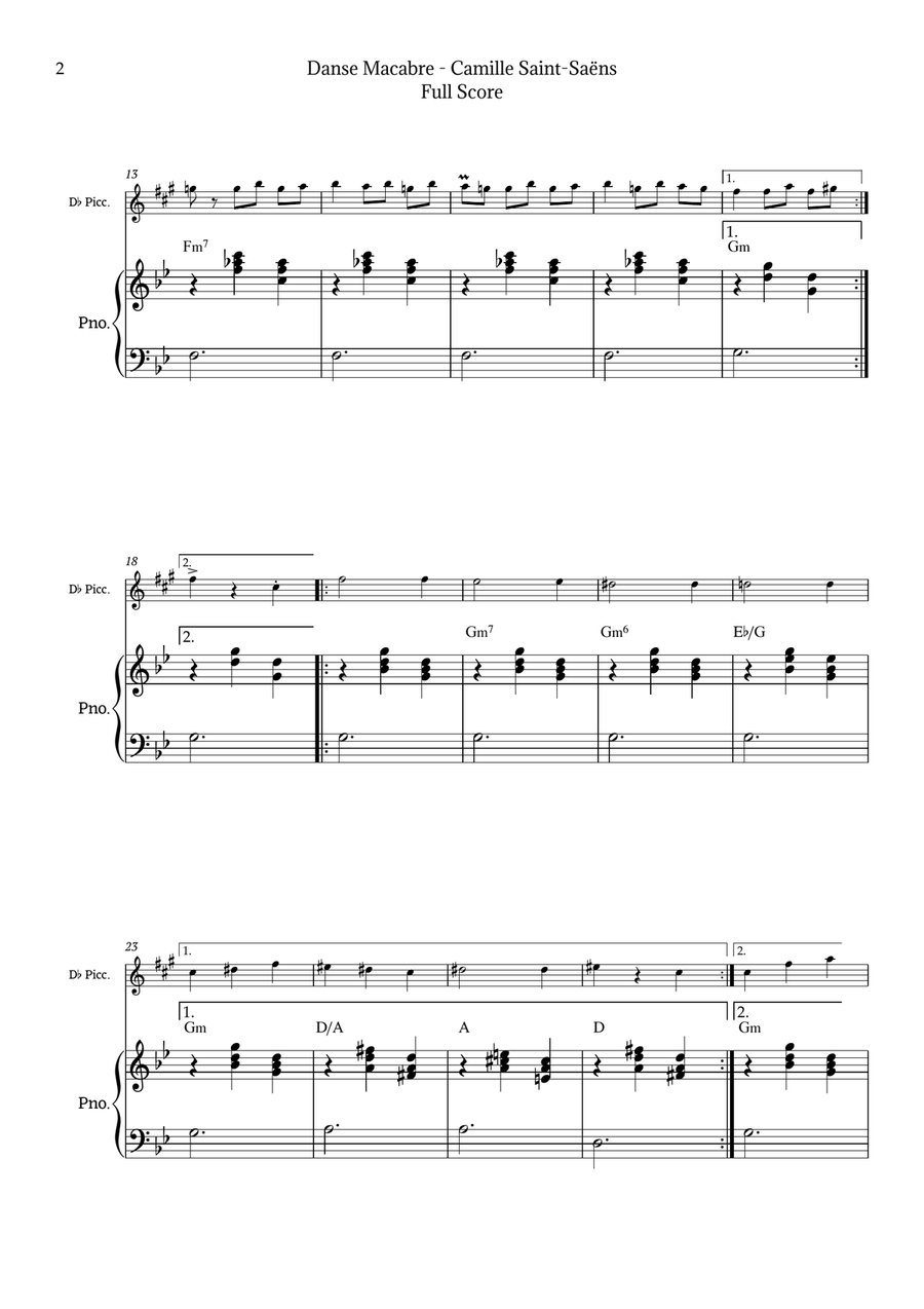 Danse Macabre by Saint-Saëns for D♭ Piccolo and Piano. Chamber Music scores gallery preview page 2