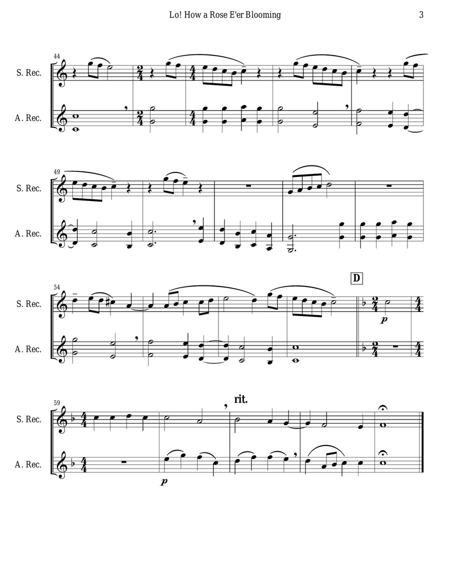 Lo! How a Rose E'er Blooming (Recorder Duet) Woodwind Duet scores gallery preview page 3