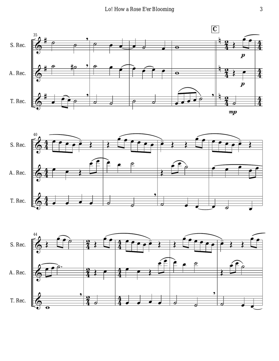 Lo! How a Rose E'er Blooming (Recorder Trio) Soprano Recorder scores gallery preview page 3