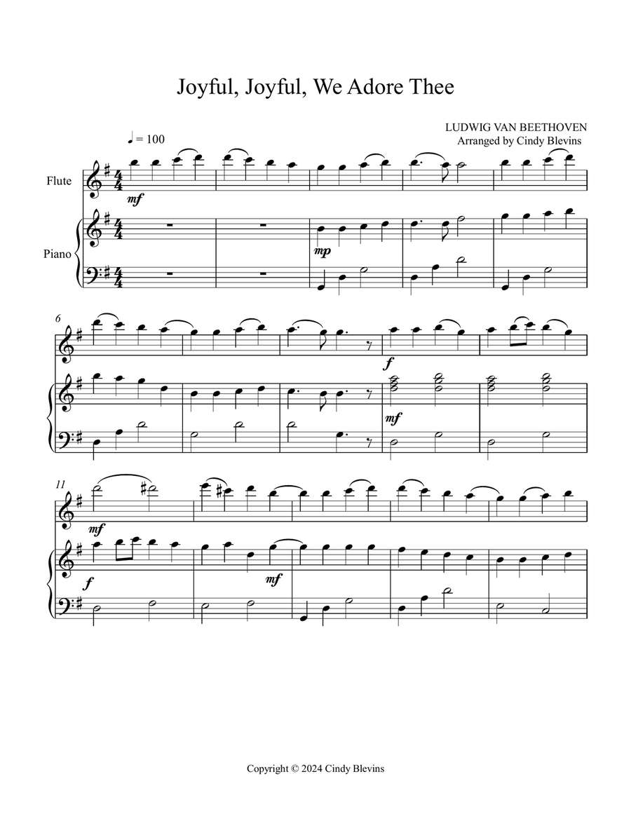 Joyful, Joyful, We Adore Thee, for Piano and Flute Woodwind Duet scores gallery preview page 2