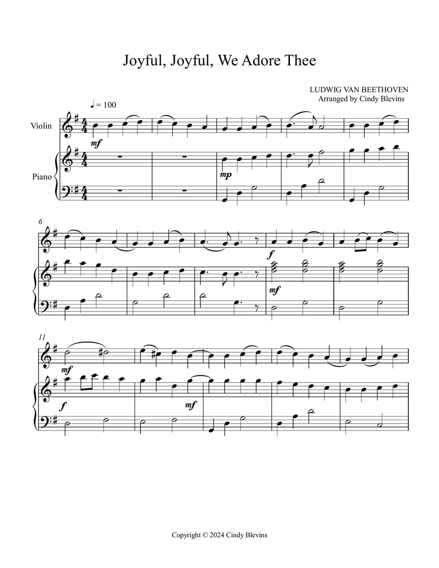 Joyful, Joyful, We Adore Thee, for Piano and Violin String Duet scores gallery preview page 2