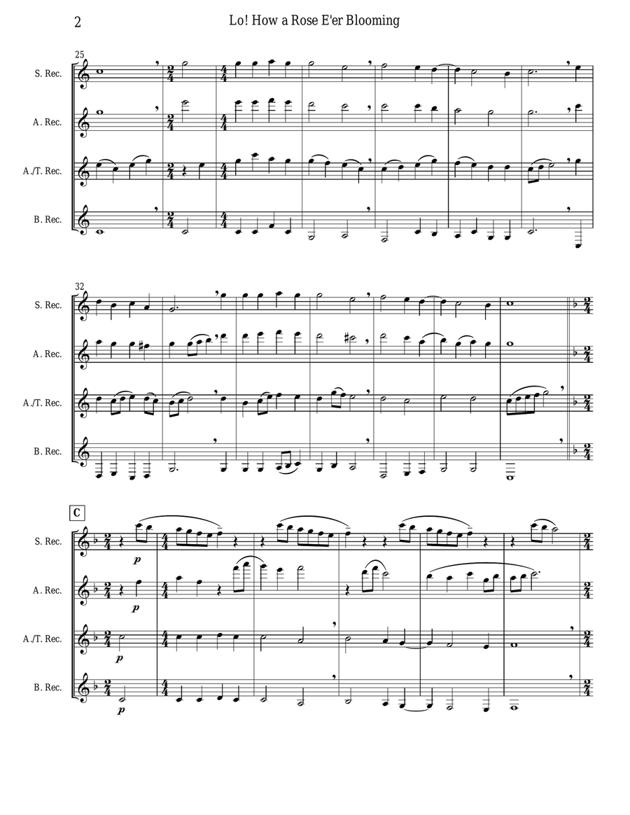 Lo! How a Rose E'er Blooming (Recorder Quartet) Soprano Recorder scores gallery preview page 2