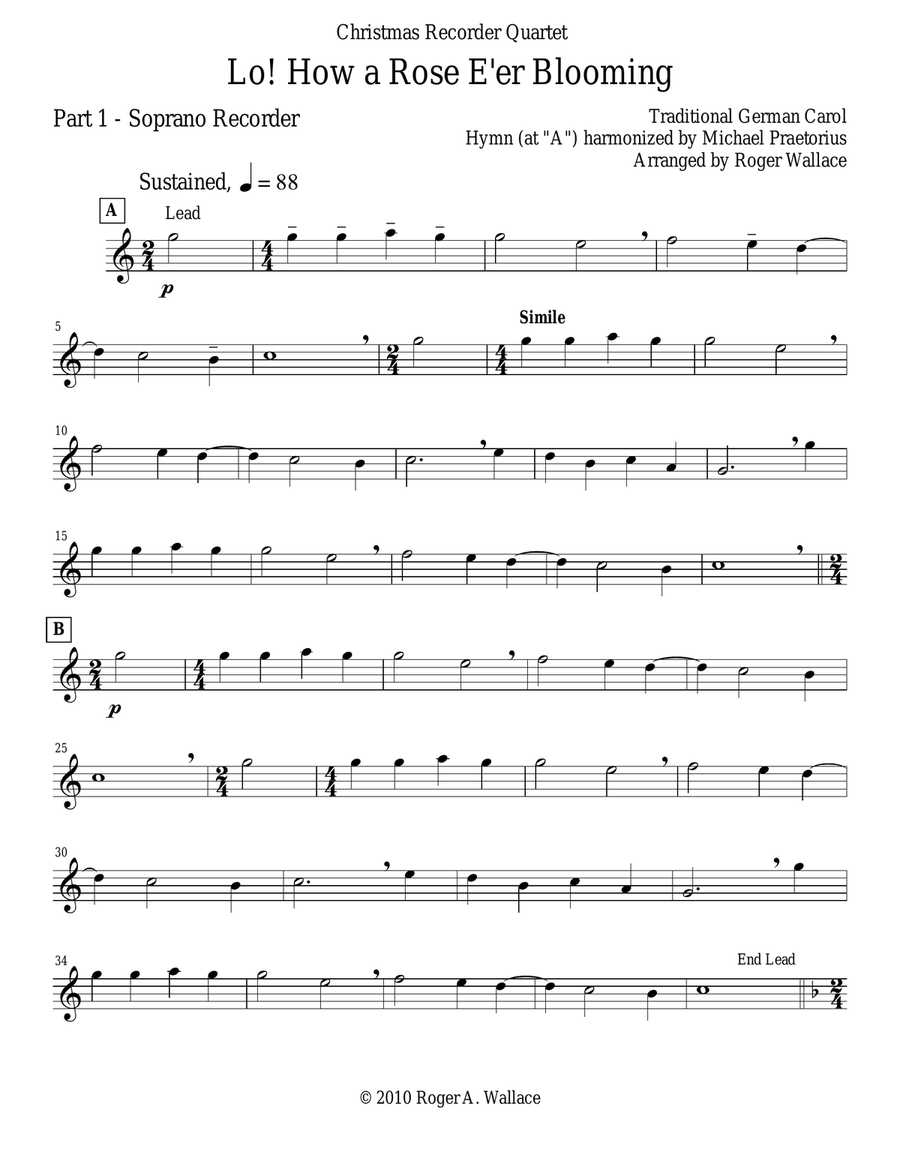 Lo! How a Rose E'er Blooming (Recorder Quartet) Soprano Recorder scores gallery preview page 4
