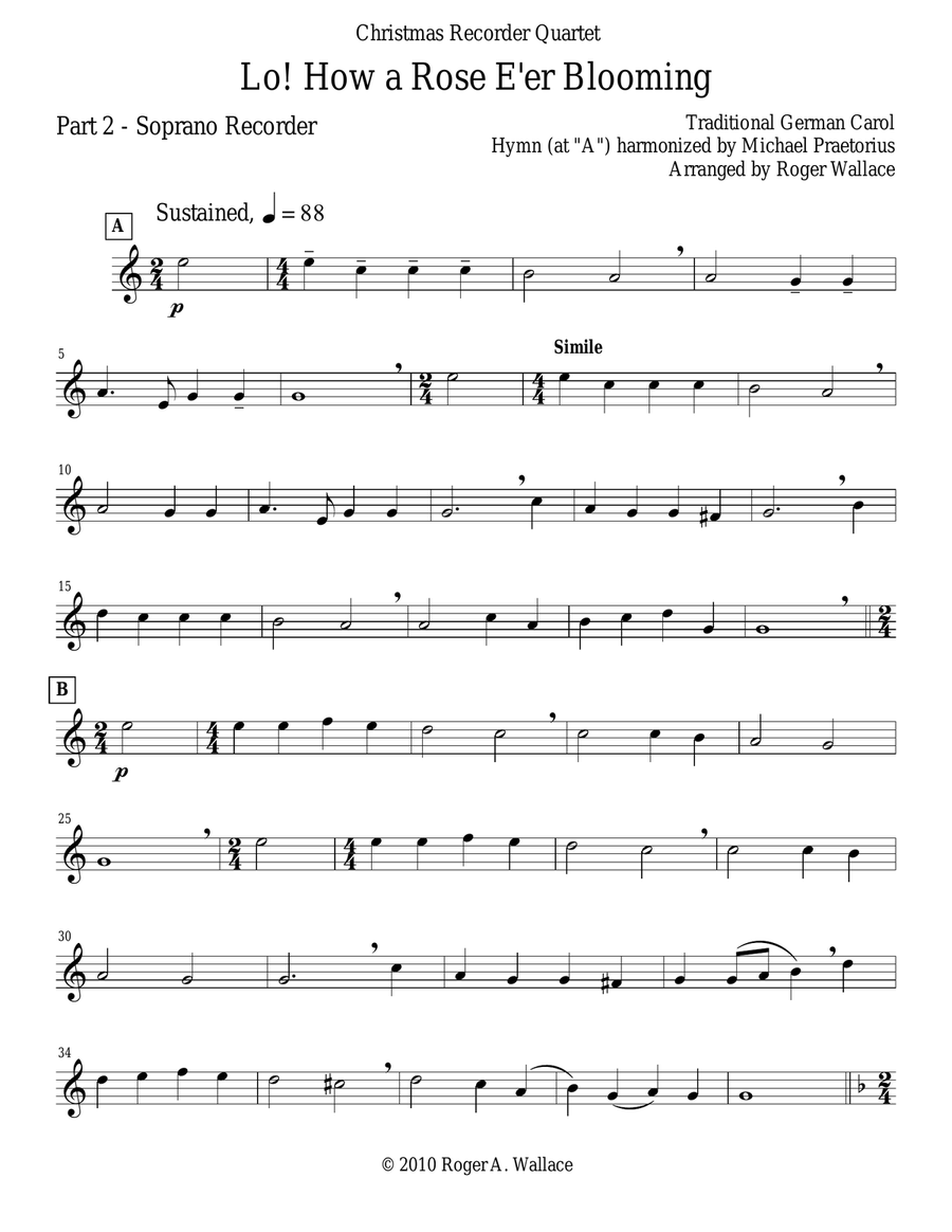 Lo! How a Rose E'er Blooming (Recorder Quartet) Soprano Recorder scores gallery preview page 6