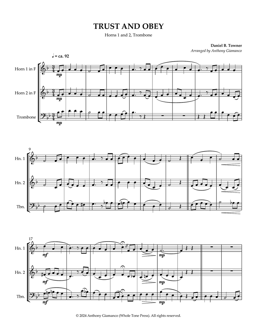 TRUST AND OBEY - 2 Horns and trombone Brass Ensemble scores gallery preview page 2