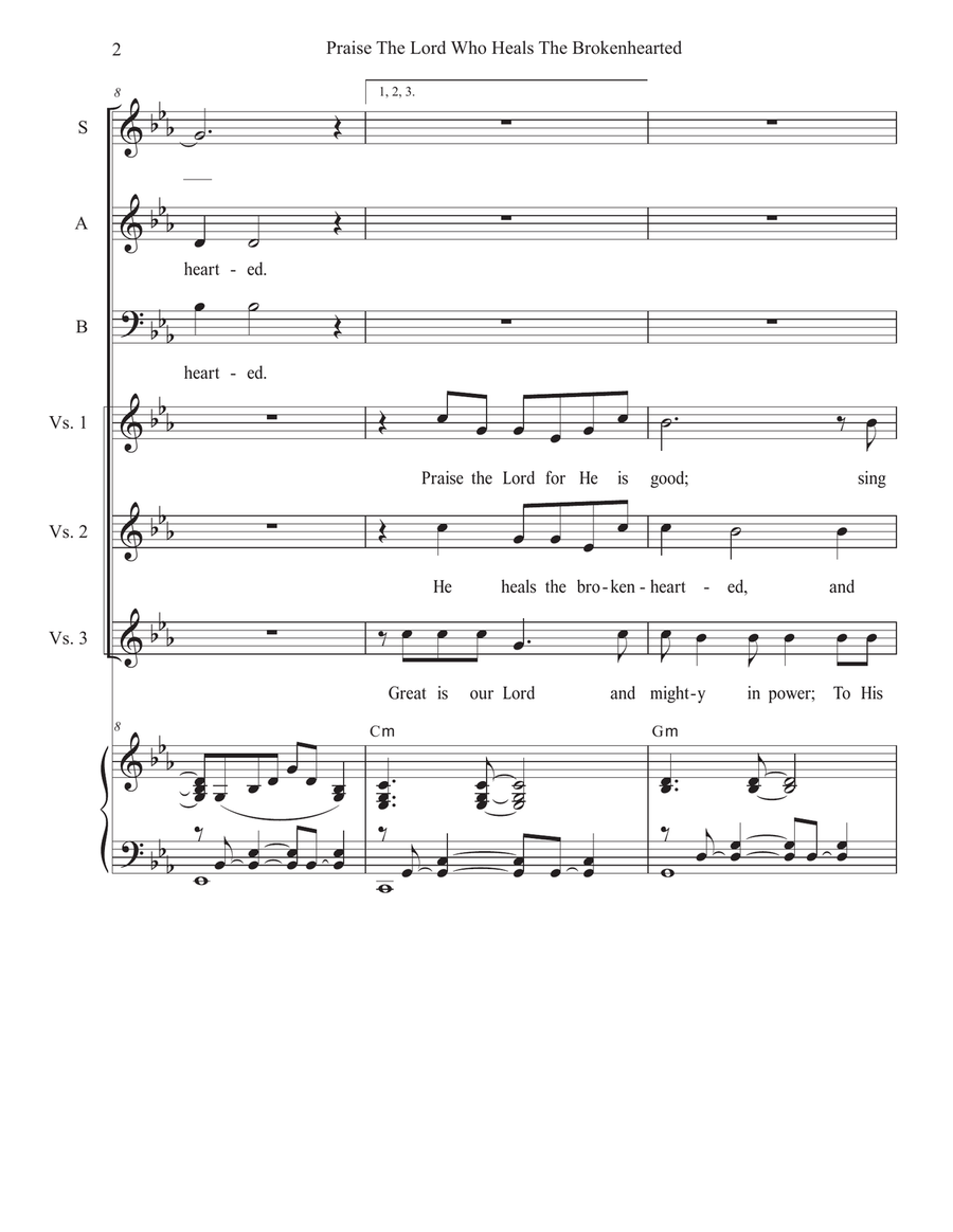 Praise The Lord Who Heals The Brokenhearted (SAB) 3-Part scores gallery preview page 2