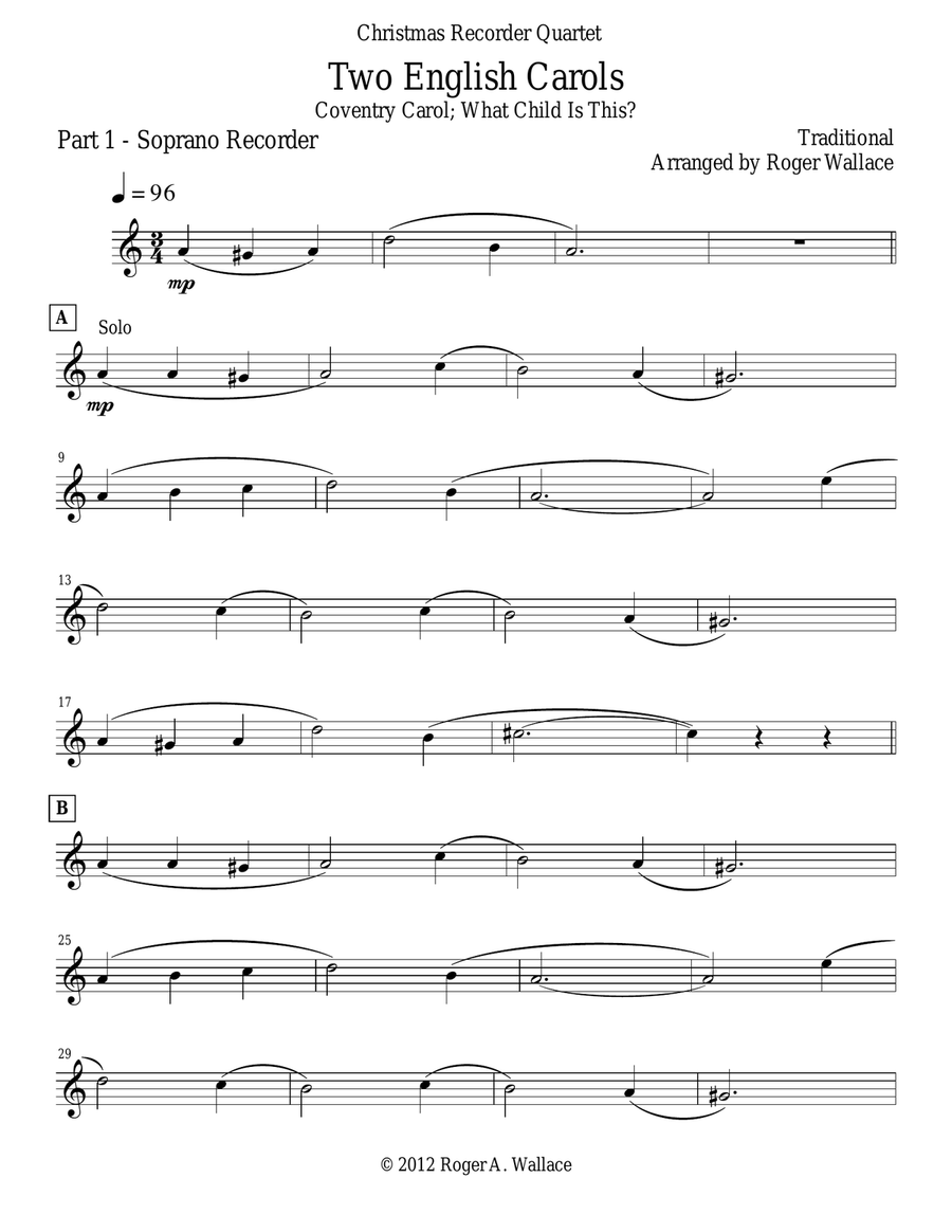 Two English Carols (Coventry Carol; What Child Is This?) - Recorder Quartet Soprano Recorder scores gallery preview page 4