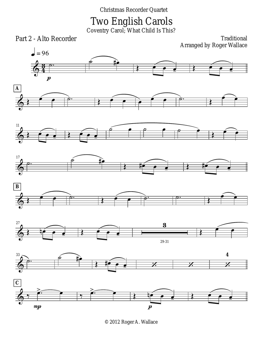 Two English Carols (Coventry Carol; What Child Is This?) - Recorder Quartet Soprano Recorder scores gallery preview page 6