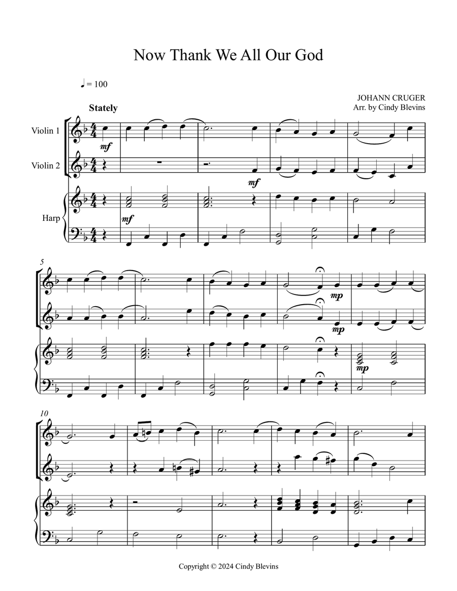 Now Thank We All Our God, for Two Violins and Harp Harp scores gallery preview page 2