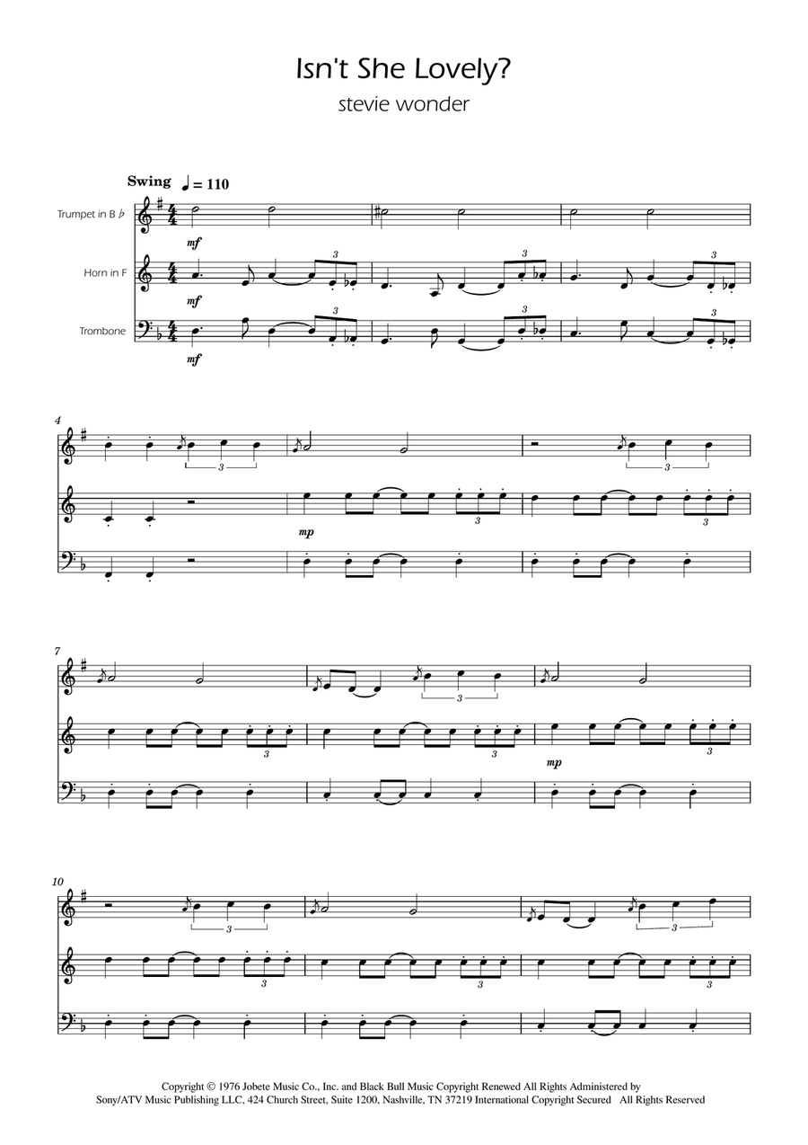 Isn't She Lovely Horn scores gallery preview page 1