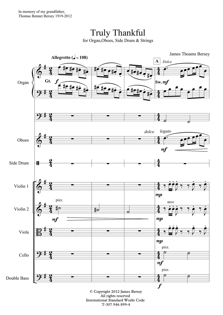 Truly Thankful (Organ, 2 Oboes, Side Drum & Strings) Large Ensemble scores gallery preview page 3