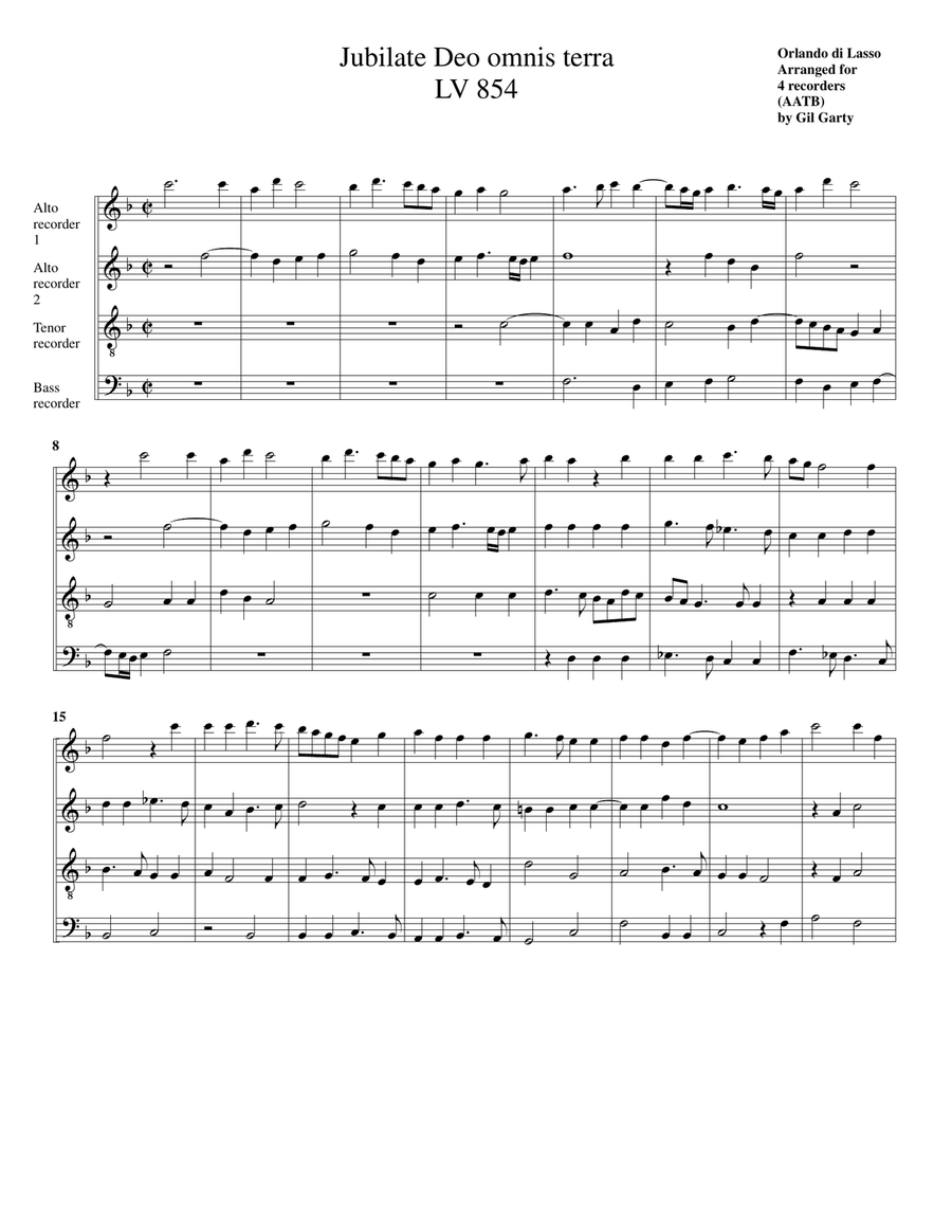 Jubilate Deo omnis terra LV 854 (arrangement for 4 recorders (AATB)) 4-Part scores gallery preview page 2