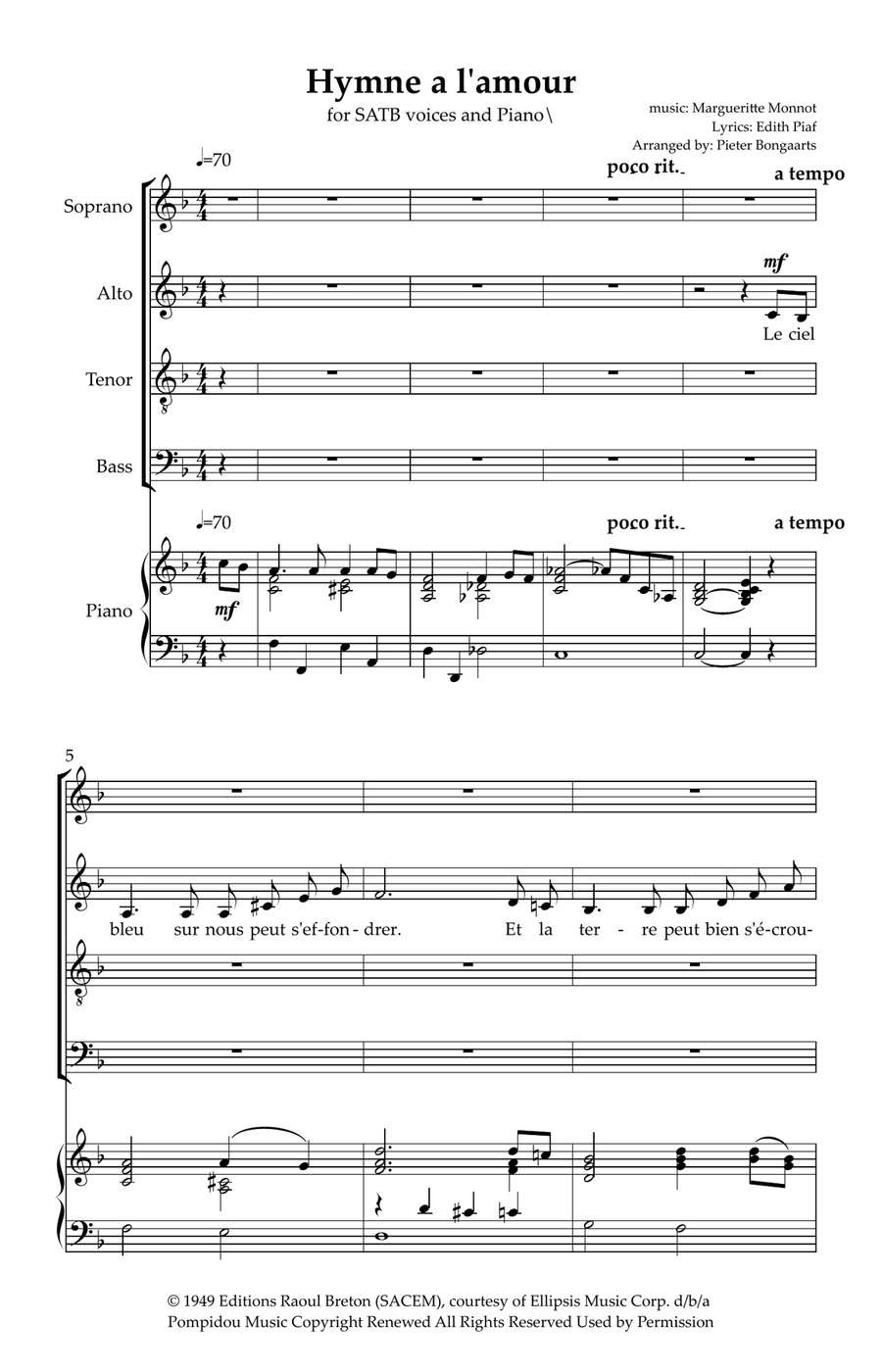 Hymne A L'amour Hymne A L'amour 4-Part scores gallery preview page 2