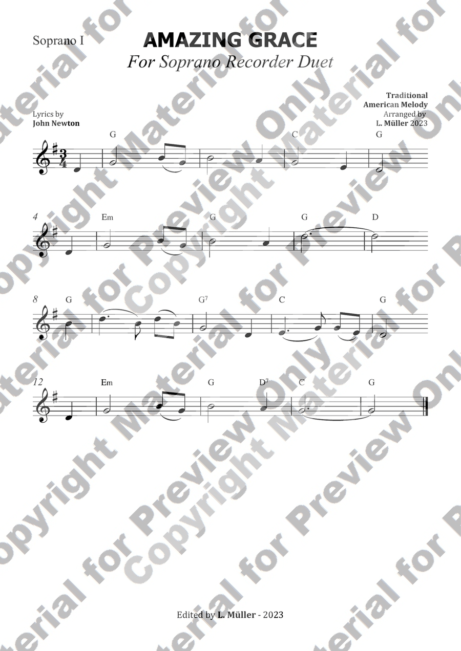 Amazing grace - For Soprano Recorder Duet (with chords) Woodwind Duet scores gallery preview page 2