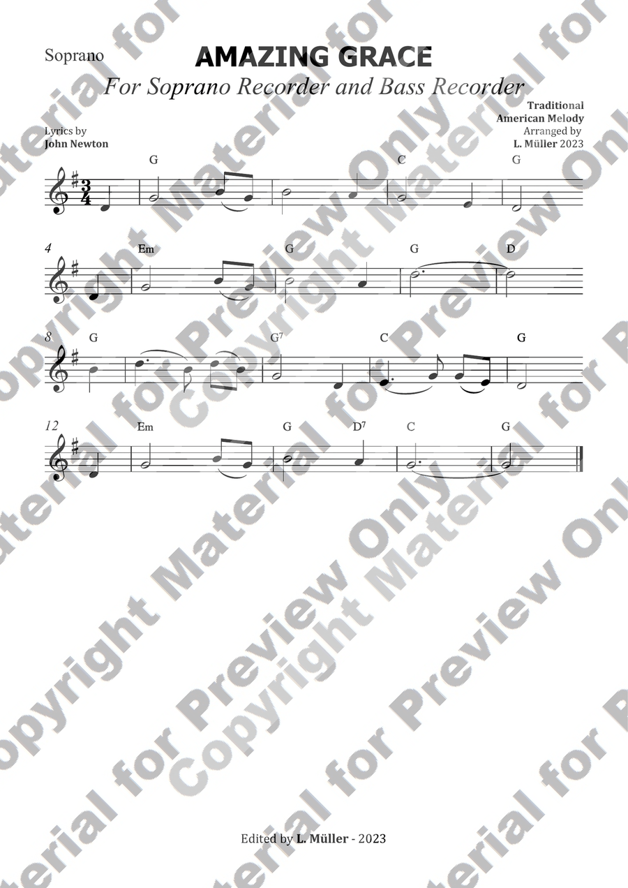 Amazing grace - For Soprano recorder and Bass Recorder (with chords) Woodwind Duet scores gallery preview page 2