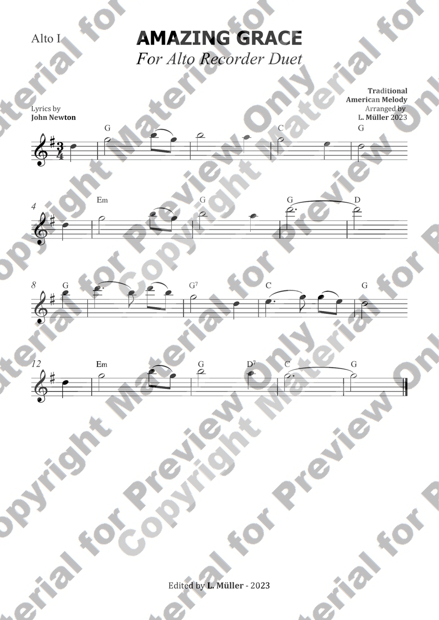 Amazing grace - For Alto Recorder Duet (with chords) Woodwind Duet scores gallery preview page 2