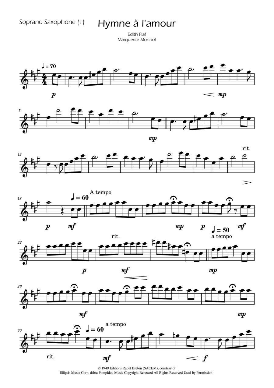 Hymne A L'amour Soprano Saxophone scores gallery preview page 3