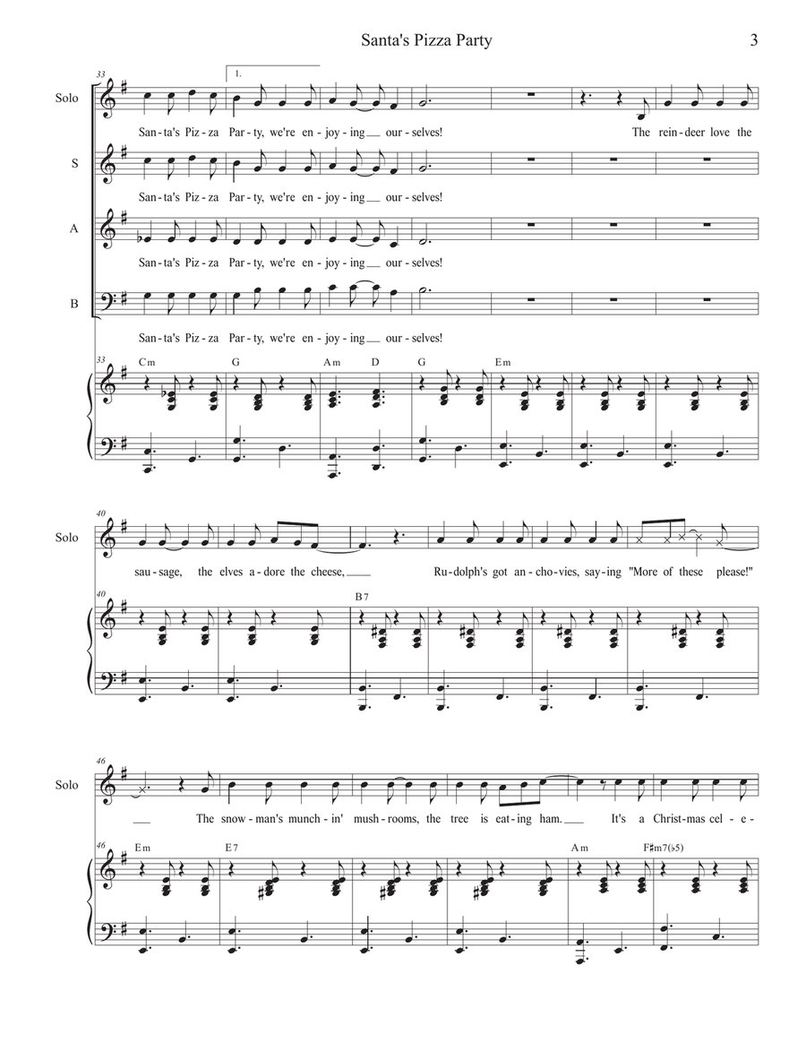Santa's Pizza Party (Vocal solo with SAB) 3-Part scores gallery preview page 3