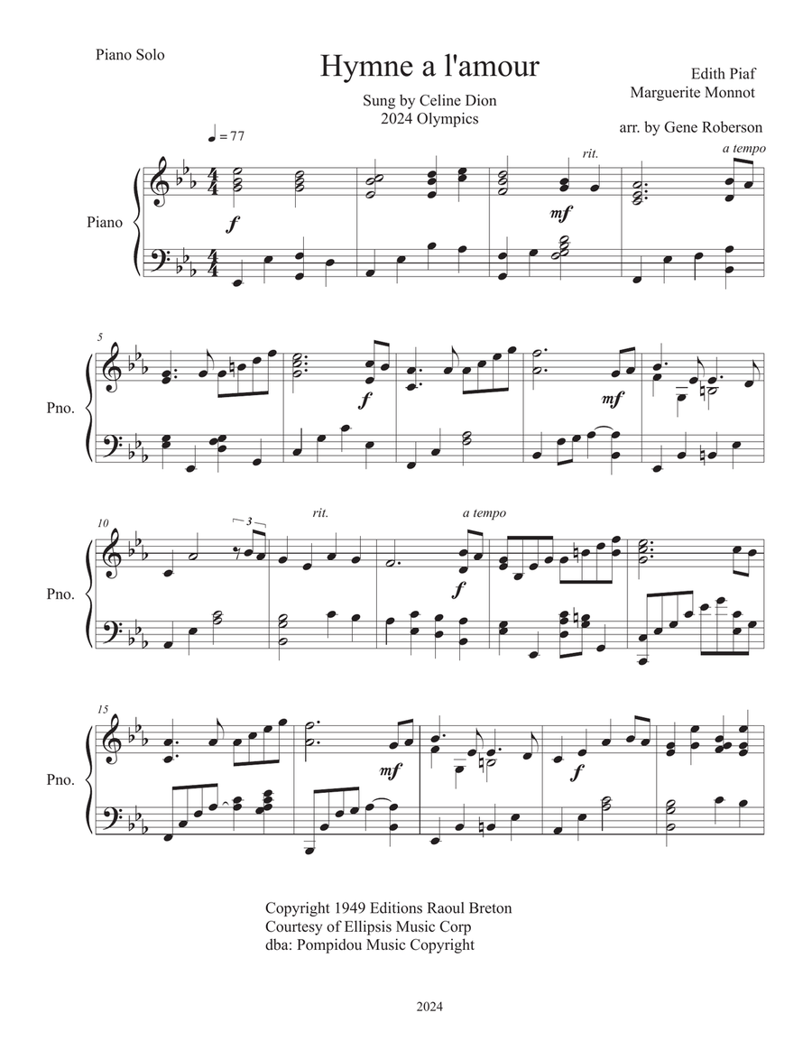 Hymne A L'amour Hymne A L'amour Piano Solo scores gallery preview page 2