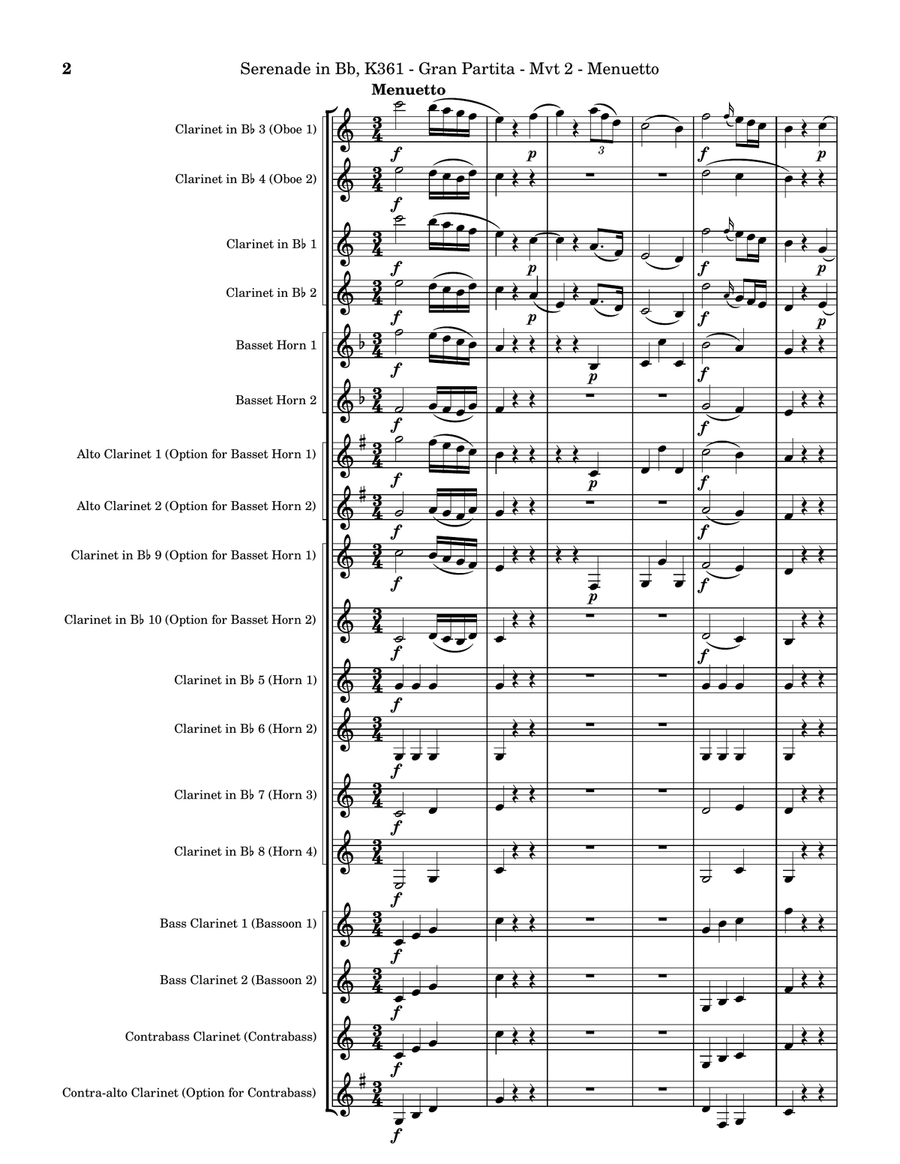 Serenade in Bb, K361 (Gran Partita) - Movement 2 - Menuetto Clarinet Choir scores gallery preview page 2