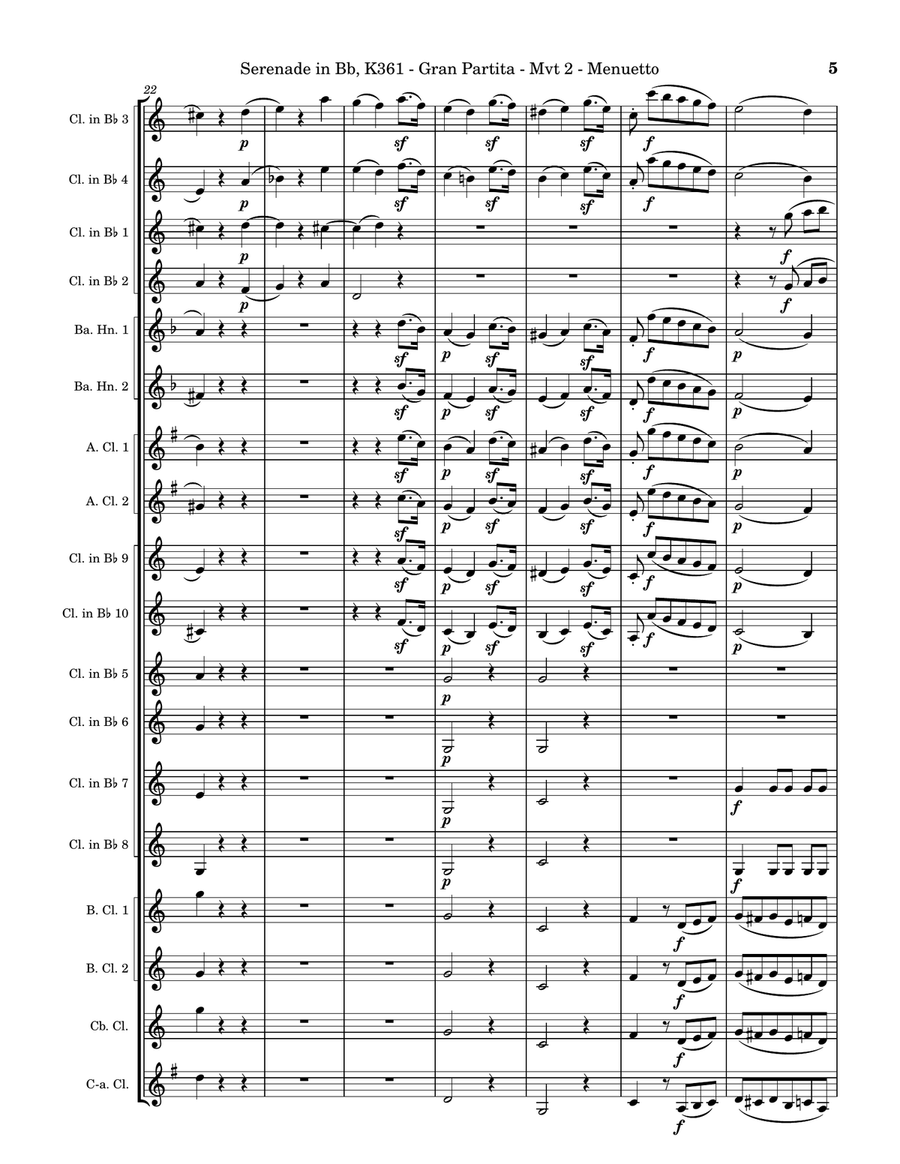 Serenade in Bb, K361 (Gran Partita) - Movement 2 - Menuetto Clarinet Choir scores gallery preview page 5