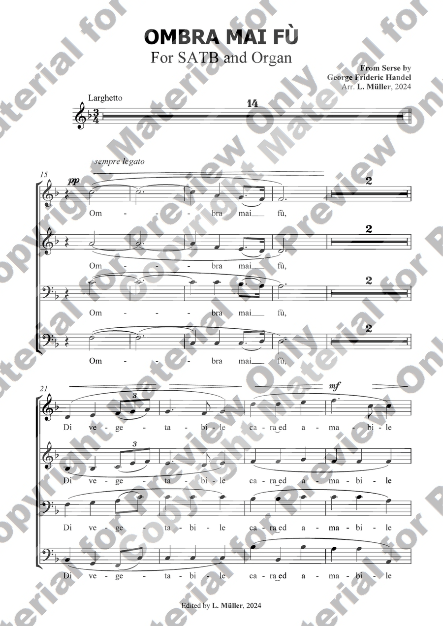 Ombra Mai Fù - G. F. Handel - for SATB Choir with Organ Accompaniment (With Chords) 4-Part scores gallery preview page 3